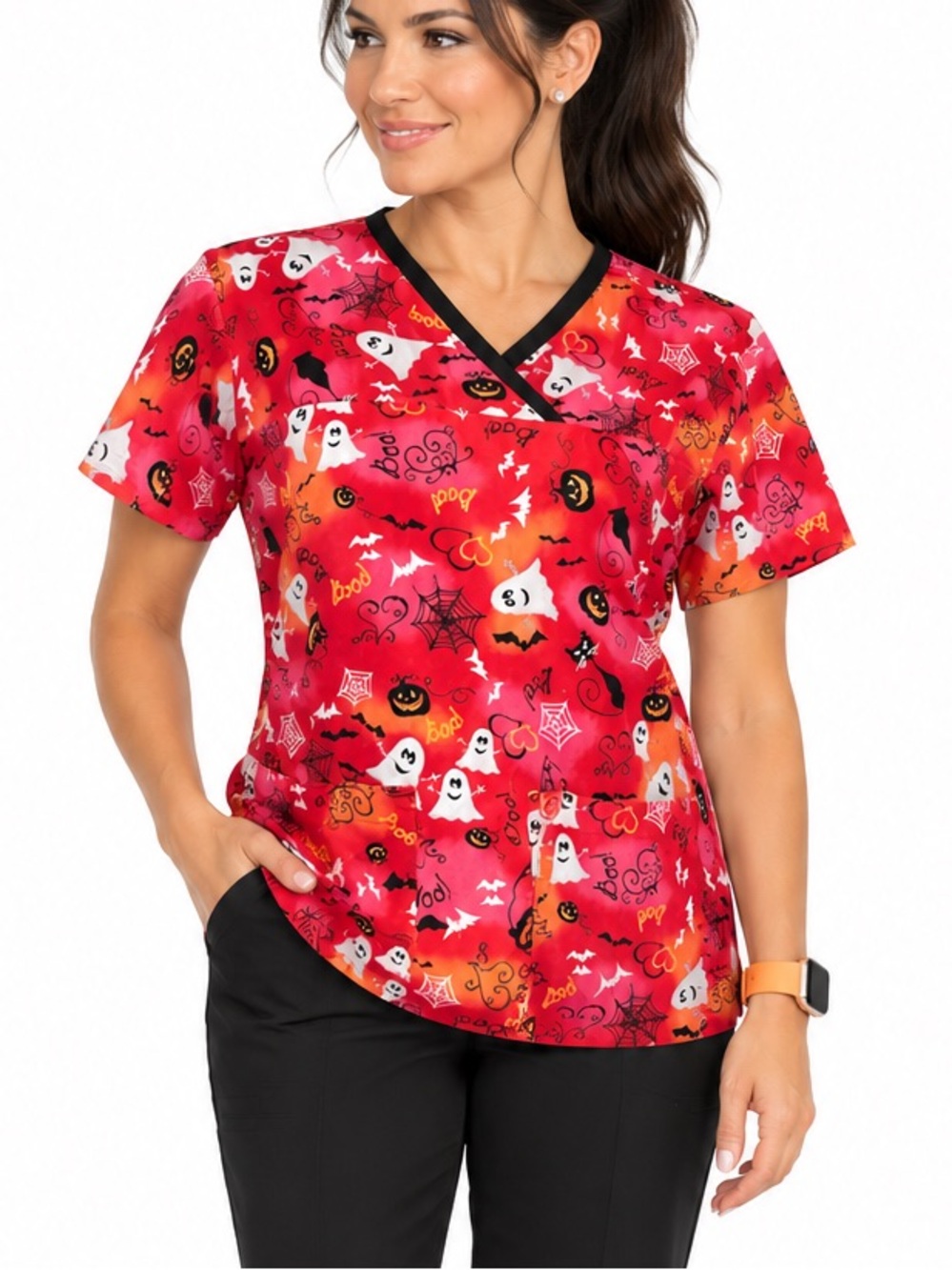 💥SALE💥Peaches Uniforms Halloween Print Short Sleeve Top - Red and Orange Sz M